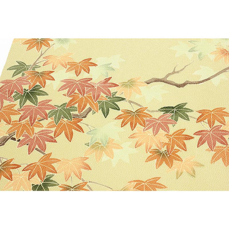 秀美 名古屋帯 十日町友禅 正絹 渋ベージュ 紅葉 もみじ 浜ちりめん 松寿縮緬 友禅染 仕立て上がり 九寸 お洒落着 カジュアル No.6-0859の画像