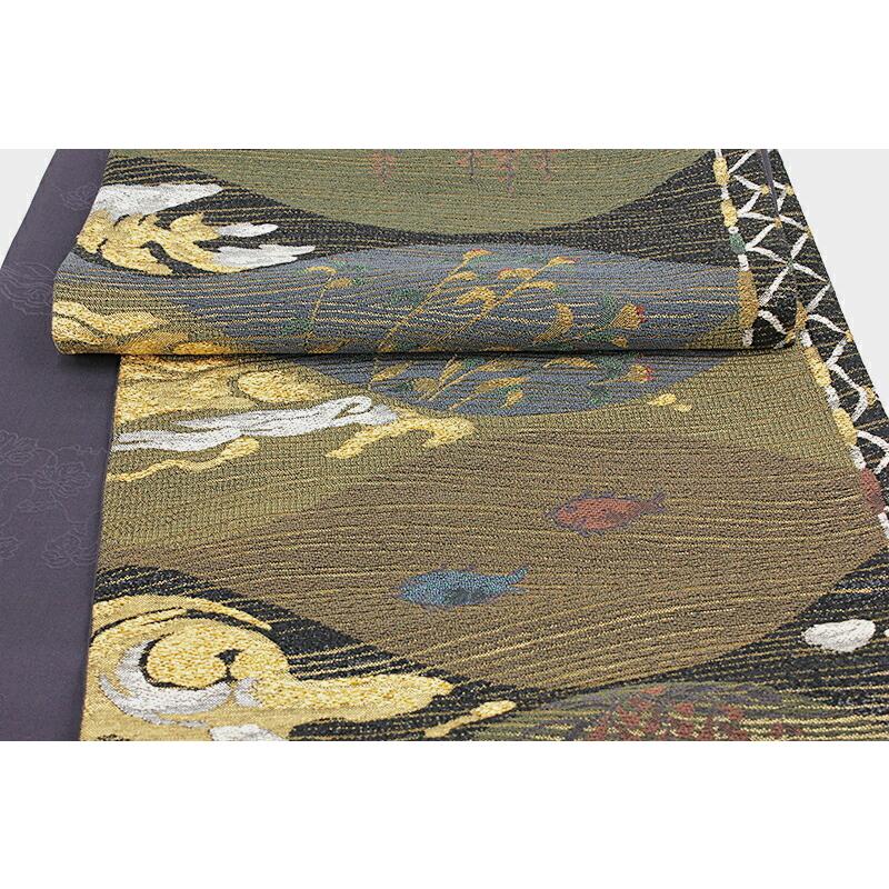 中古 袋帯 フォーマル リサイクル 正絹 黒地 茶色 渋緑 ブルーグレー 魚 花 草花 月 雲 川 流水 金糸 銀糸 ラメ糸 礼装用 お仕立て上が 和装 着物 No 6 0869 6 0869 六華ricca 通販 Yahoo ショッピング