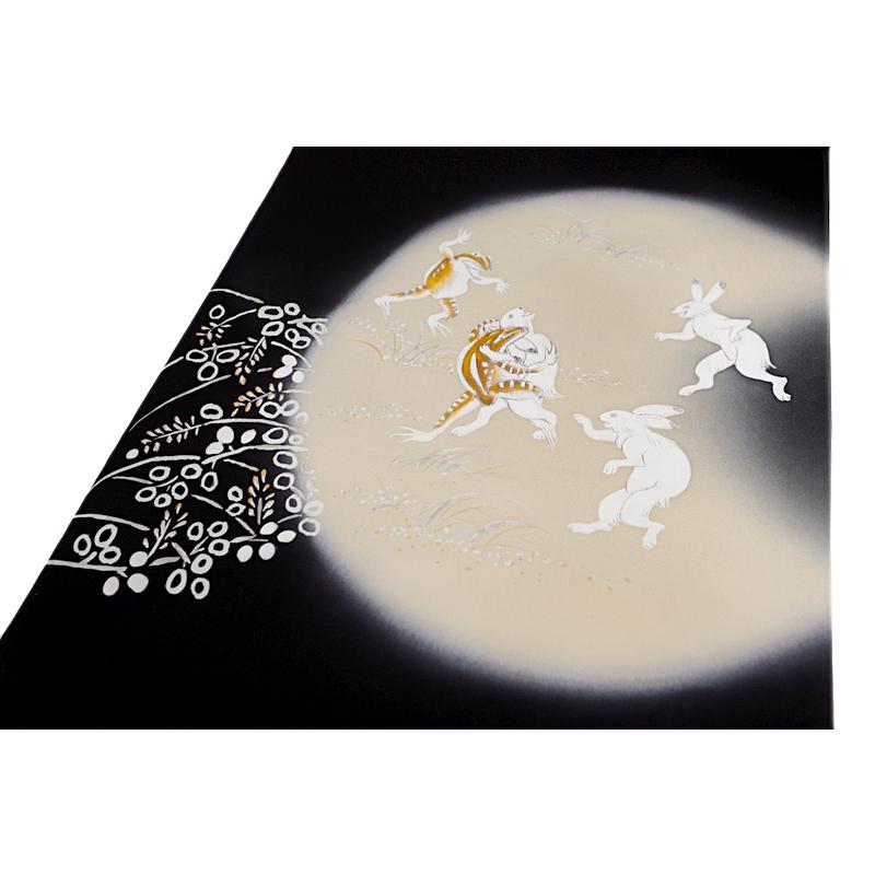 名古屋帯 絹菱 正絹 黒地 鳥獣戯画 兎 うさぎ 蛙 月 萩 秋 お月 名古屋帯 絹菱 正絹 黒地 鳥獣戯画 兎 うさぎ 蛙 月 萩 秋 お月