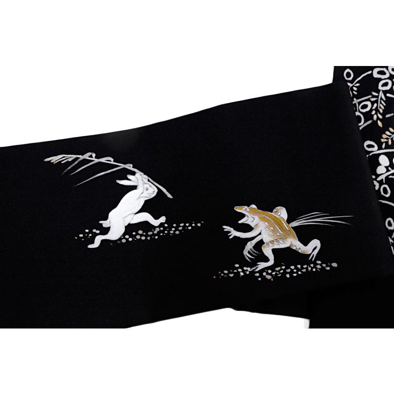 名古屋帯 絹菱 正絹 黒地 鳥獣戯画 兎 うさぎ 蛙 月 萩 秋 お月 名古屋帯 絹菱 正絹 黒地 鳥獣戯画 兎 うさぎ 蛙 月 萩 秋 お月