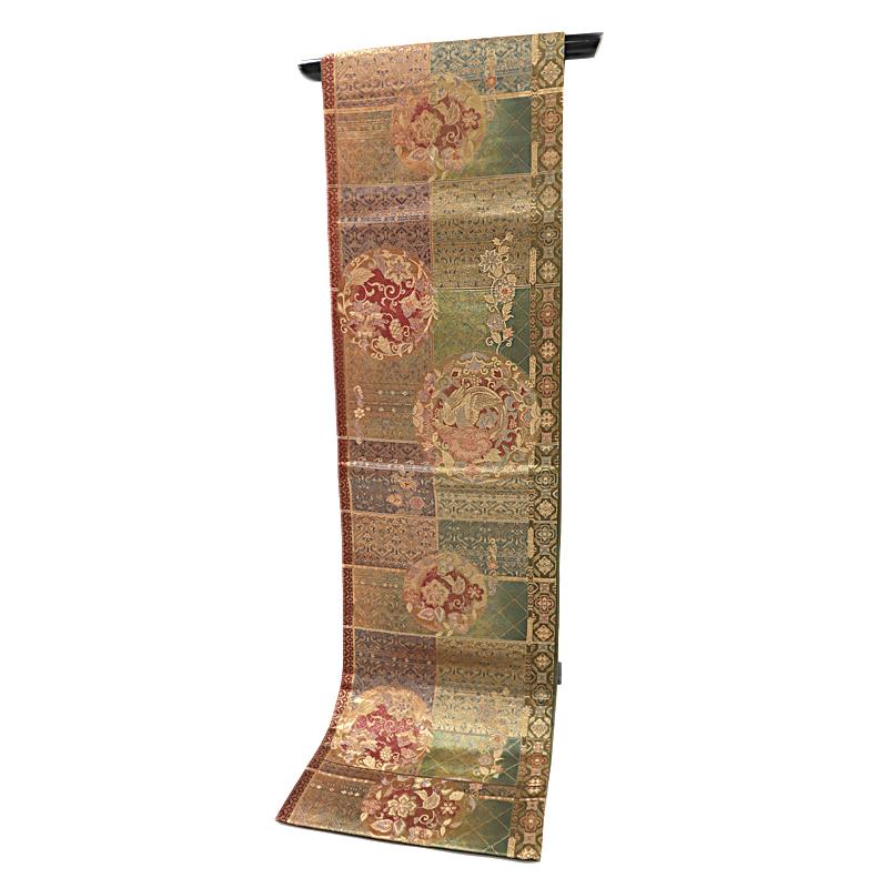 袋帯 中古 正絹 唐織 リサイクル 正倉院更紗文 煉瓦色 赤茶 赤 茶 渋緑 