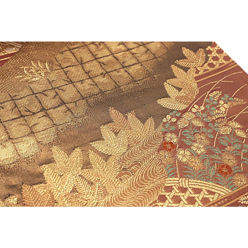 中古 袋帯 正絹 唐織 リサイクル 茶 赤 赤茶 臙脂 金 花 菊 秋草 芝 波  