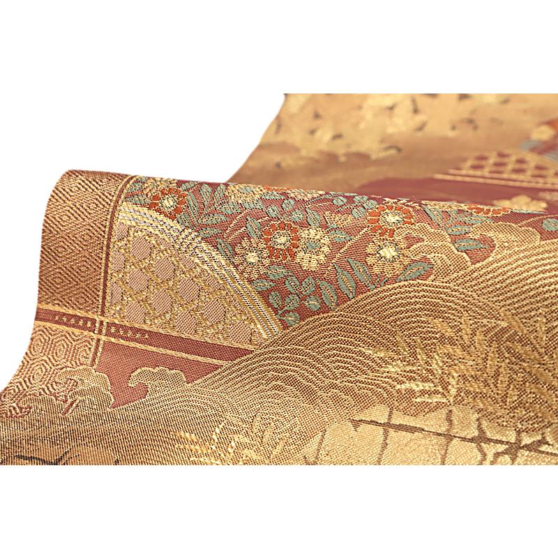 中古 袋帯 正絹 唐織 リサイクル 茶 赤 赤茶 臙脂 金 花 菊 秋草 芝 波  