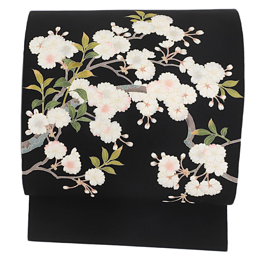 名古屋帯 正絹 友禅染 黒地 花 桜 桜の木 秀美 和柄 シック 新品 名古屋帯 正絹 友禅染 黒地 花 桜 桜の木 秀美 和柄 シック 新品