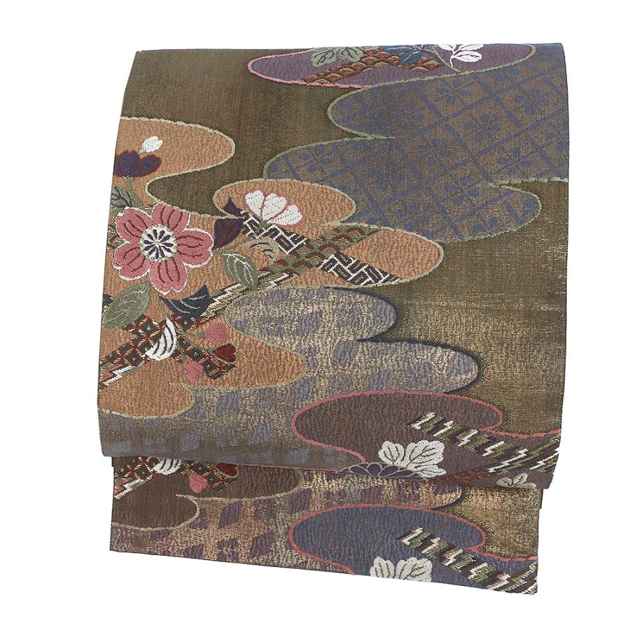 中古 袋帯 正絹 唐織 リサイクル 金抹茶 抹茶色 花 菊 桜 萩 雲 雲取り 