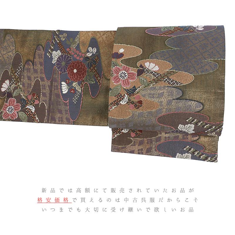 中古 袋帯 正絹 唐織 リサイクル 金抹茶 抹茶色 花 菊 桜 萩 雲