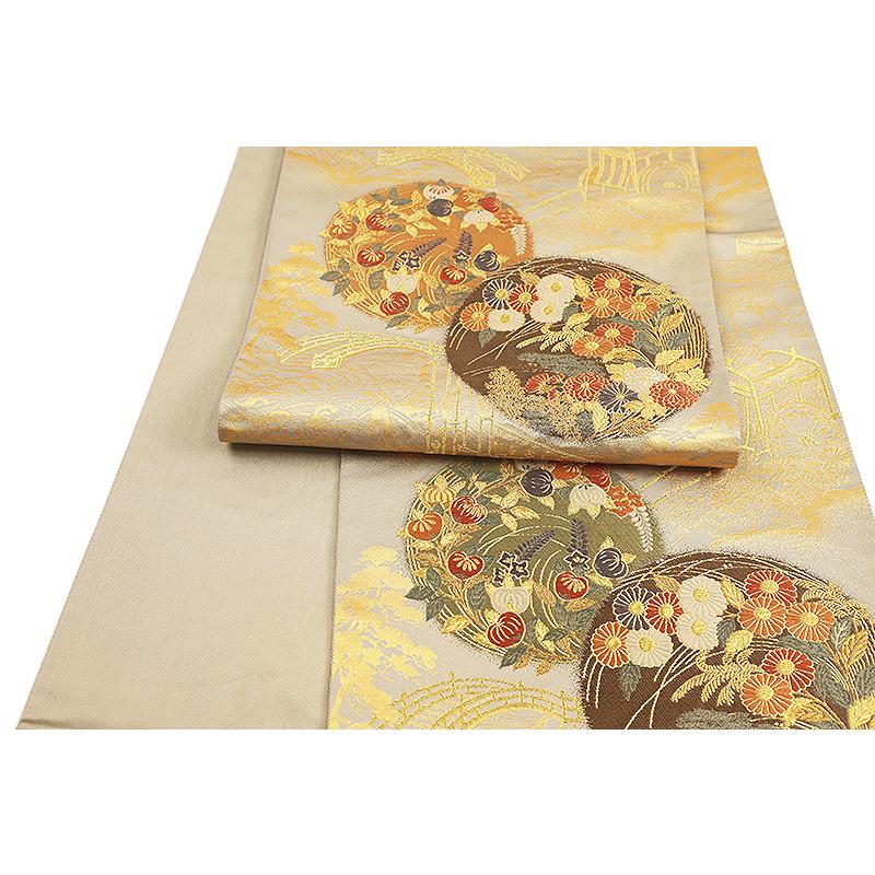 袋帯 唐織 藤の花 菖蒲 菊 梅 エ霞 花車 金糸 路考茶色 O-6126 袋帯 唐織 藤の花 菖蒲 菊 梅 エ霞 花車 金糸 路考茶色 O-6126 - メルカリ