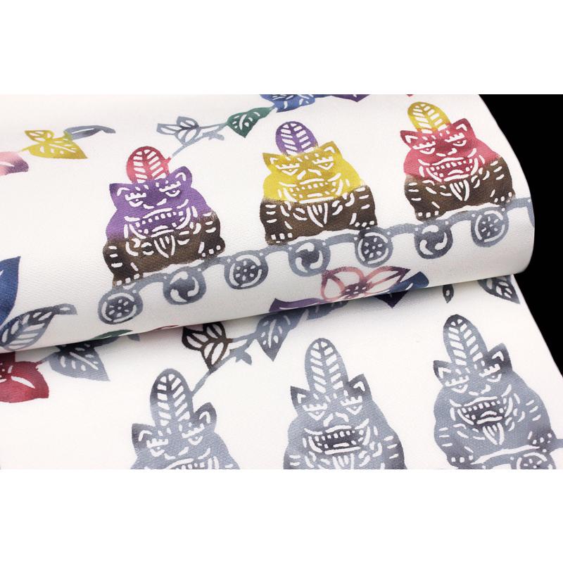 名古屋帯 江戸紅型 紅型染 和染紅型 正絹 白地 紫 緑 赤 青 シーサー