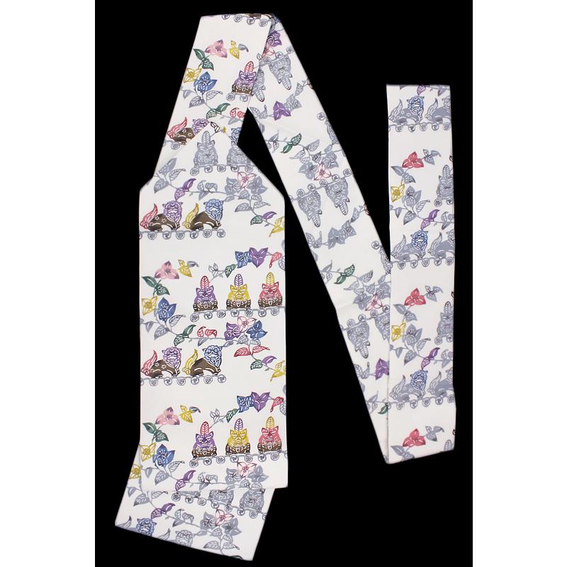 名古屋帯 江戸紅型 紅型染 和染紅型 正絹 白地 紫 緑 赤 青 シーサー