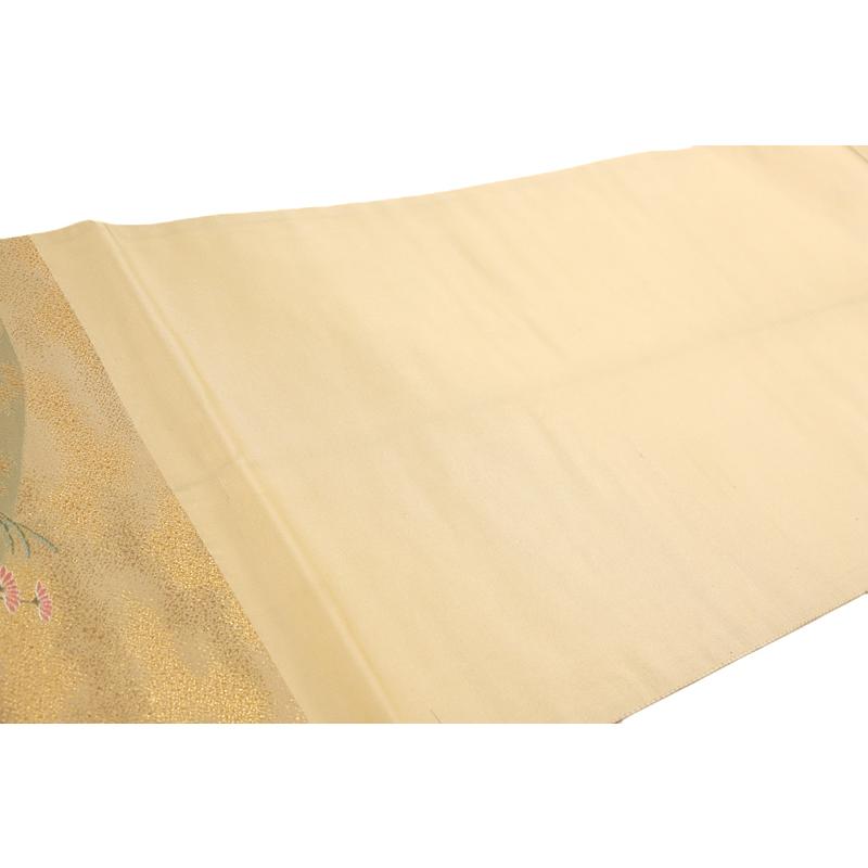 中古 袋帯 正絹 唐織 金糸 クリーム色 赤 ピンク 橙 黄色 白 紫 緑 菊
