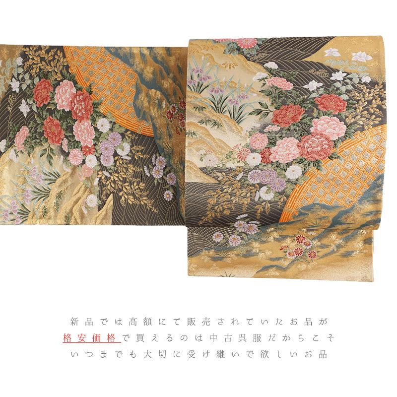 中古 袋帯 正絹 唐織 金糸 クリーム色 赤 ピンク 橙 黄色 白 紫 緑 菊