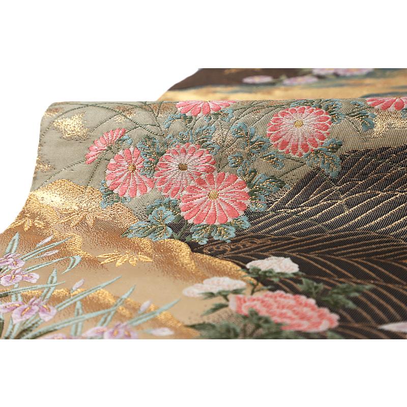 中古 袋帯 正絹 唐織 金糸 クリーム色 赤 ピンク 橙 黄色 白 紫 緑 菊
