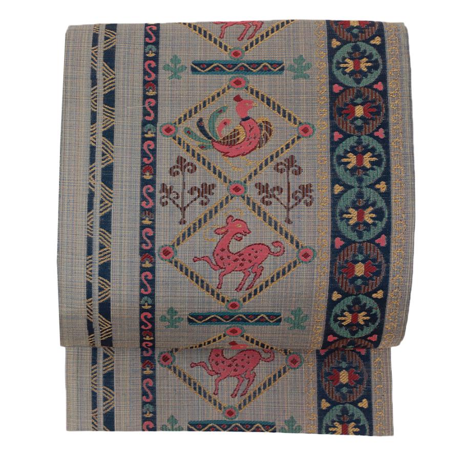 袋帯 本袋 ブルーグレー 赤 青 黄色 緑 ピンク 鳳凰 鹿 狩猟文 コプト  