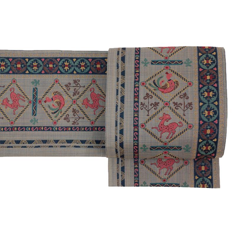 袋帯 本袋 ブルーグレー 赤 青 黄色 緑 ピンク 鳳凰 鹿 狩猟文 コプト  