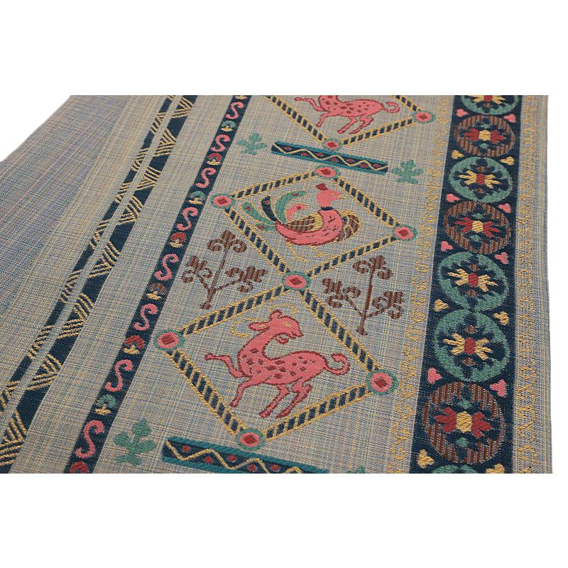 袋帯 本袋 ブルーグレー 赤 青 黄色 緑 ピンク 鳳凰 鹿 狩猟文 コプト  