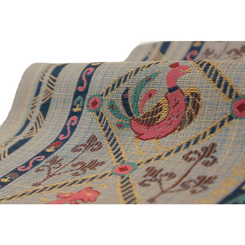 袋帯 本袋 ブルーグレー 赤 青 黄色 緑 ピンク 鳳凰 鹿 狩猟文 コプト  