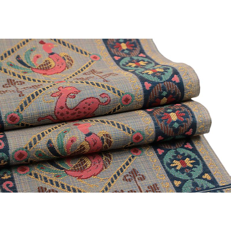 袋帯 本袋 ブルーグレー 赤 青 黄色 緑 ピンク 鳳凰 鹿 狩猟文 コプト  