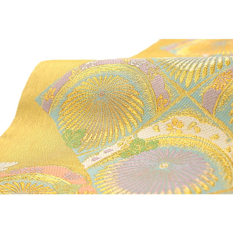 袋帯 正絹 唐織 西陣織 大光 金地 紫 ピンク 白 緑 黄色 菊 桜 唐草