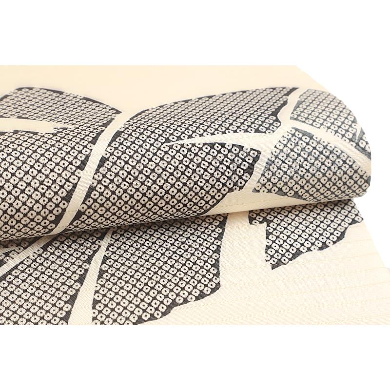 名古屋帯 絹菱 夏物 正絹 京の一流染匠 絽 白 黒 グレー 葉 ろうけつ染め 新品 仕立て上がり お洒落着 江戸紅型 五泉 駒塩瀬 オ No.6-1489の画像