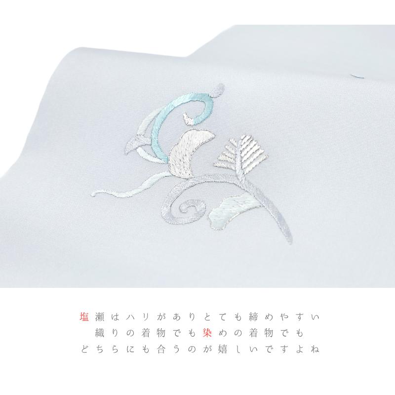名古屋帯 手刺繍 特選帯 京染手刺繍 駒塩瀬 正絹 銀糸 水色 青 空色 唐草 和柄 友禅染 引き染 地染 五泉 塩瀬 江口 日本の絹 シ No.6-1509の画像