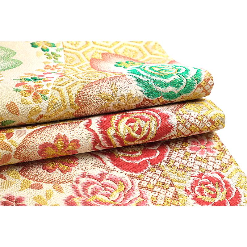 成人式袋帯No.32 正絹六通袋帯 振袖用 椿模様 中古 袋帯 振袖