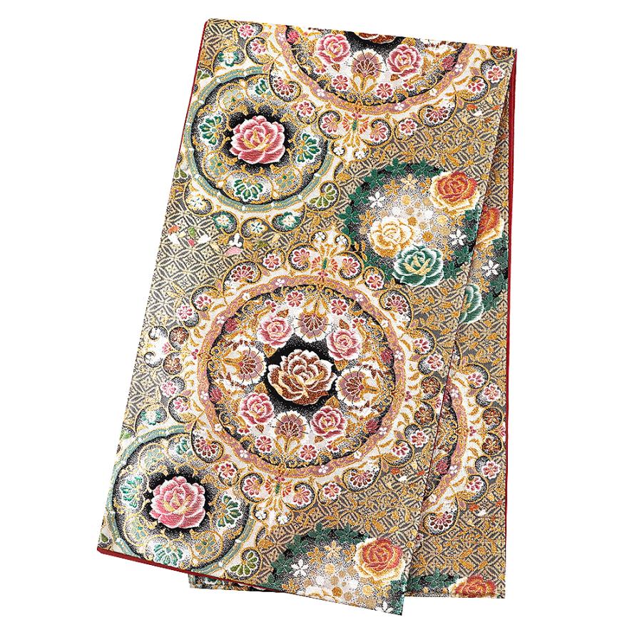 中古 袋帯 振袖用 リサイクル 正絹 深緑 薔薇 バラ 華文 七宝
