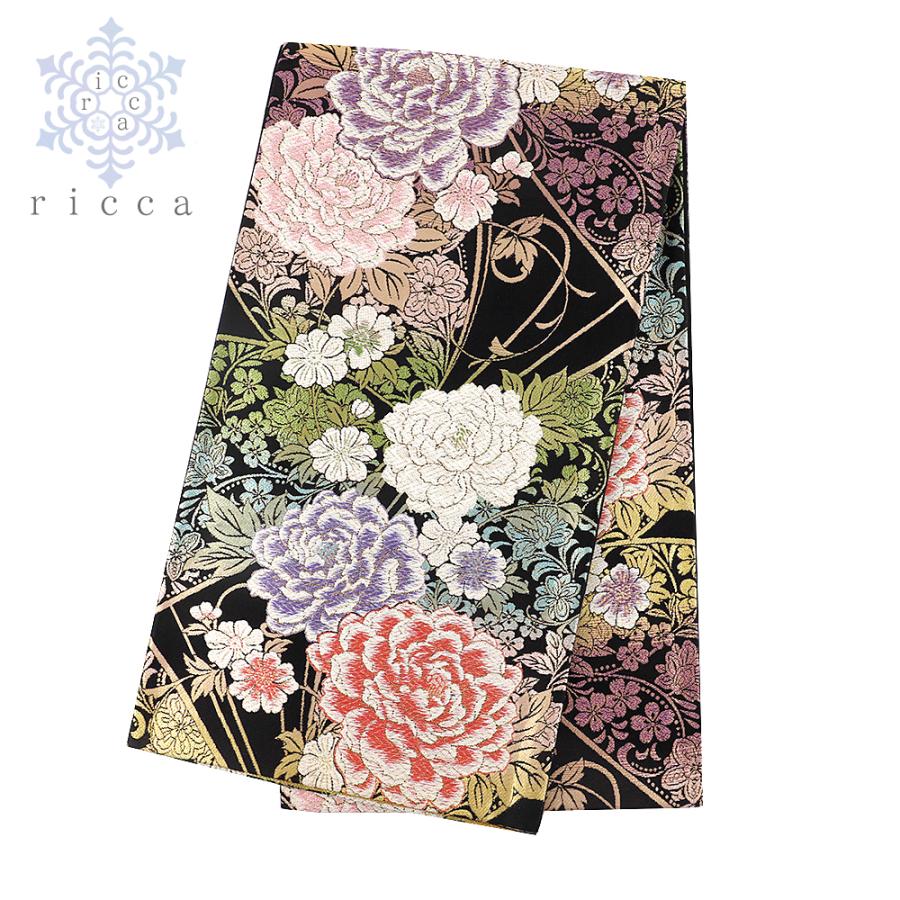 中古 袋帯 振袖用 正絹 唐織 金 ラメ糸 黒地 ピンク 紫 黄緑 白 水色