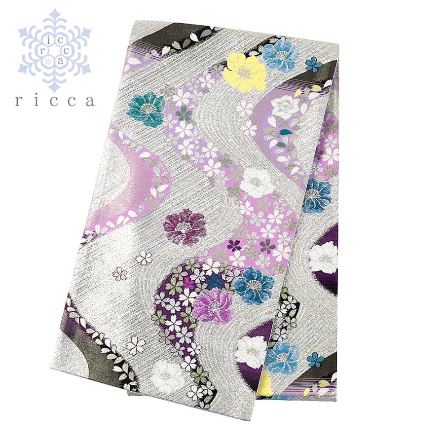 袋帯 絹 唐織 銀色 金色 紫 緑 松 柄物 和装 袋帯 絹 唐織 銀色 金色