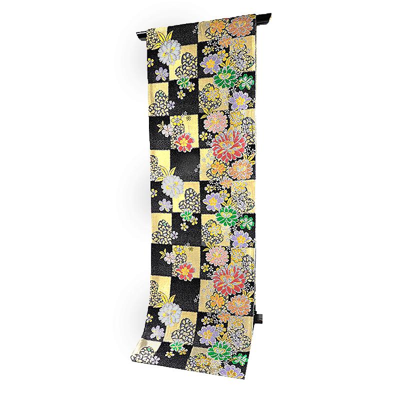中古 袋帯 振袖用 リサイクル 正絹 黒 金 桜 菊 花びら 格子