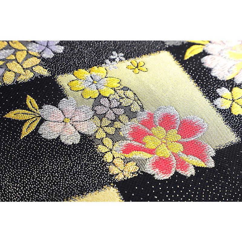 中古 袋帯 振袖用 リサイクル 正絹 黒 金 桜 菊 花びら 格子