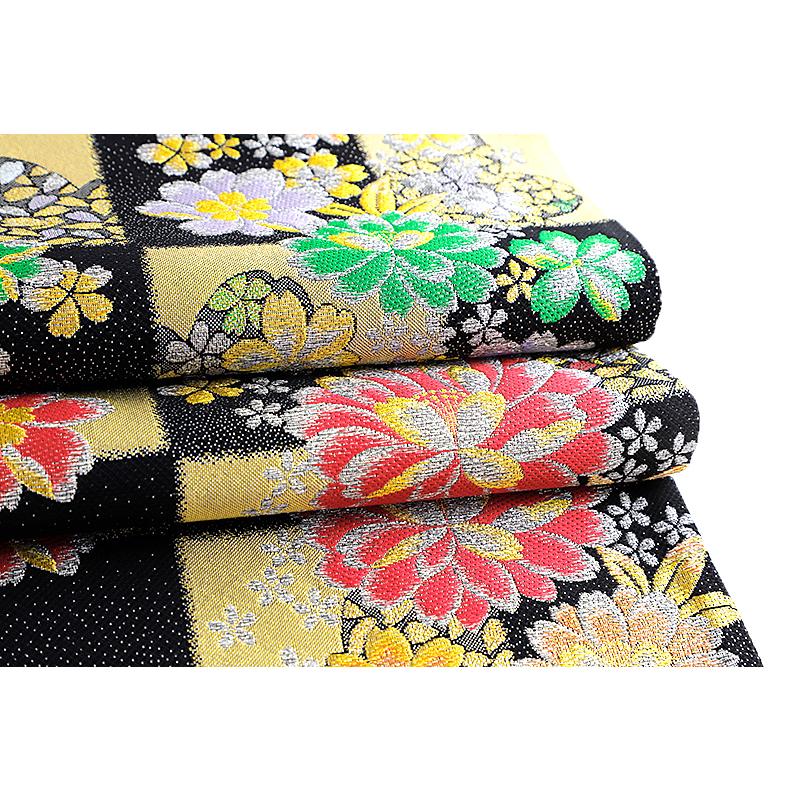 中古 袋帯 振袖用 リサイクル 正絹 黒 金 桜 菊 花びら 格子