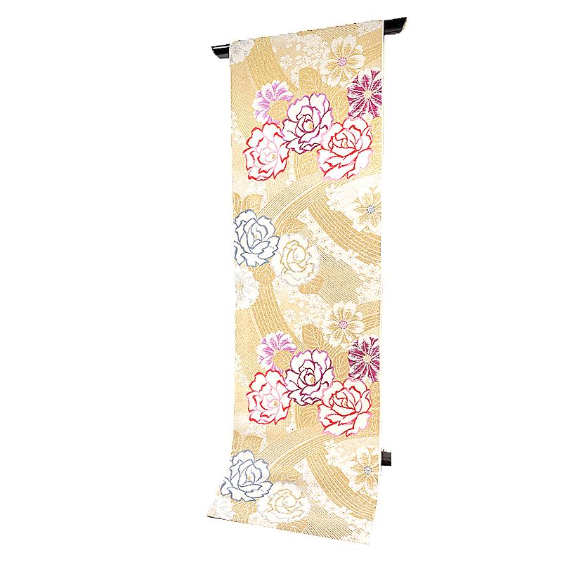 中古 袋帯 振袖用 リサイクル 正絹 ベージュ 薔薇 バラ 桜 波 水 流水 