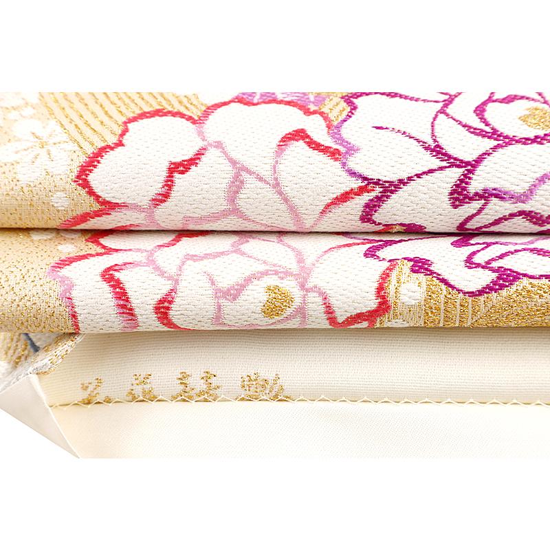 中古 袋帯 振袖用 リサイクル 正絹 ベージュ 薔薇 バラ 桜 波 水 流水 