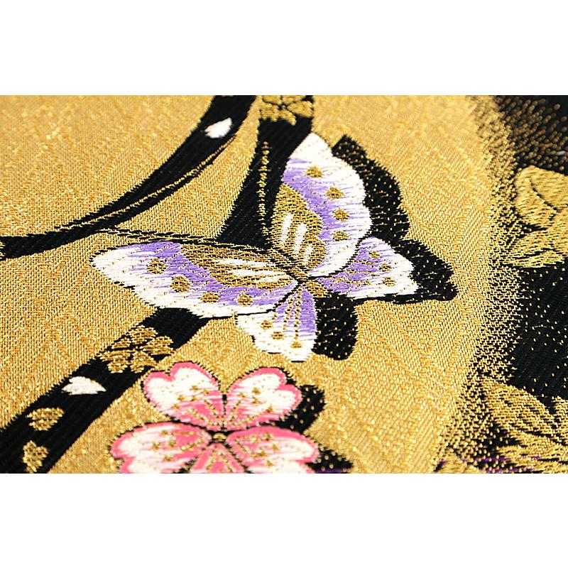 中古 袋帯 振袖用 リサイクル 正絹 紫 黒 金 牡丹 梅 桜 蝶 蝶々 水 