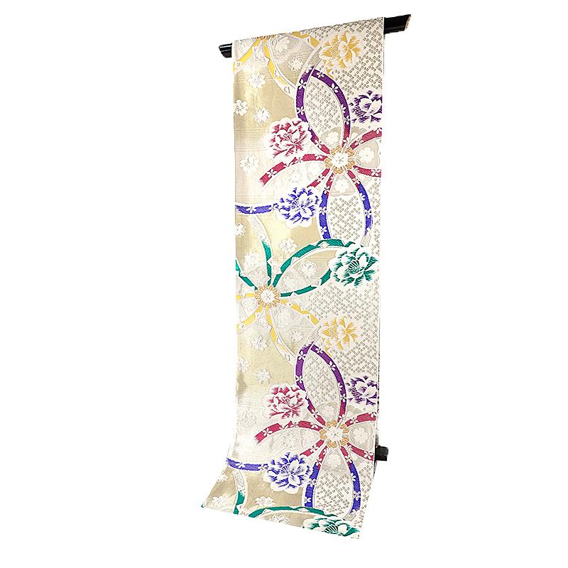 中古 袋帯 振袖用 リサイクル 正絹 白 シルバー 桜 牡丹 鹿の子