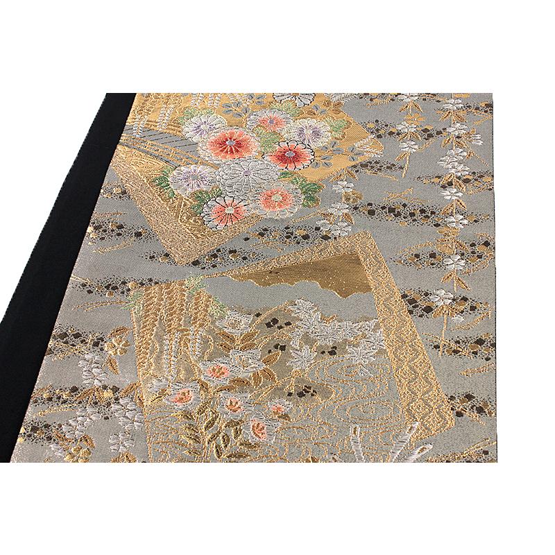 中古 袋帯 唐織 正絹 灰色 グレー 金 西陣織 リサイクル 花 菊 桜 桔梗