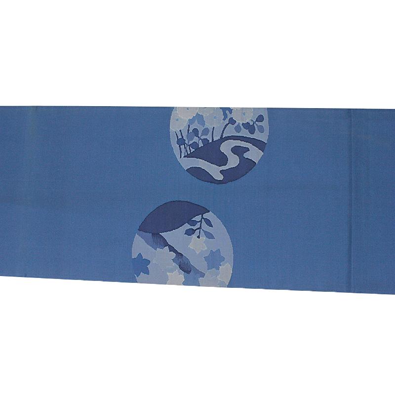 中古 袋帯 正絹 リサイクル 本藍染 明綴れ 青 紺 丸 花 桔梗 流水 菊