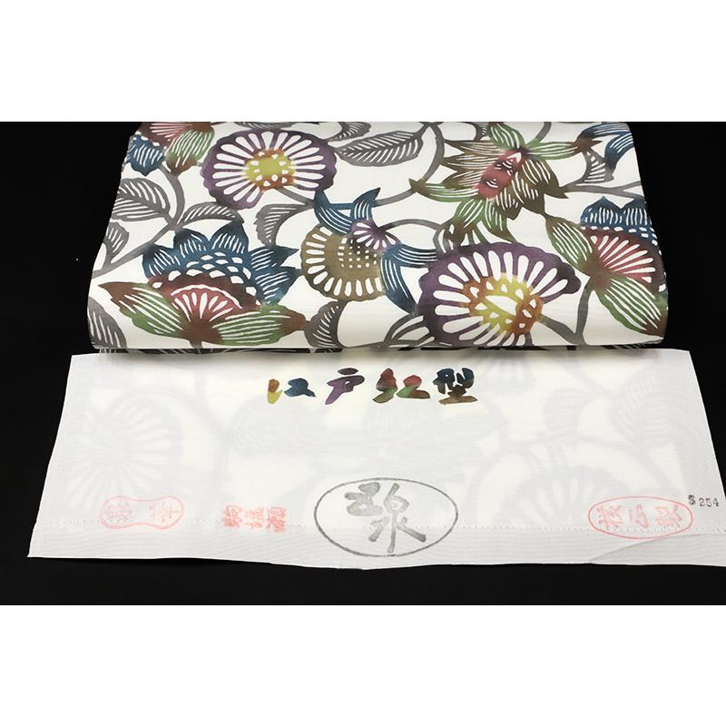江戸紅型 名古屋帯 紅型染 最駒塩瀬 五泉 白地 花唐草 更紗 正絹 友禅染 九寸 仕立て上がり お洒落着 カジュアル おしゃれ かわ No.6-1642の画像