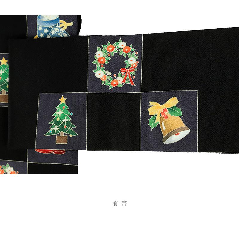 名古屋帯 十日町友禅 秀美 黒地 赤 黄色 緑 白 クリスマス Xmas Christmas ベル ツリー プレゼント 九寸 反物 正絹 本加工友禅 No.6-1651の画像