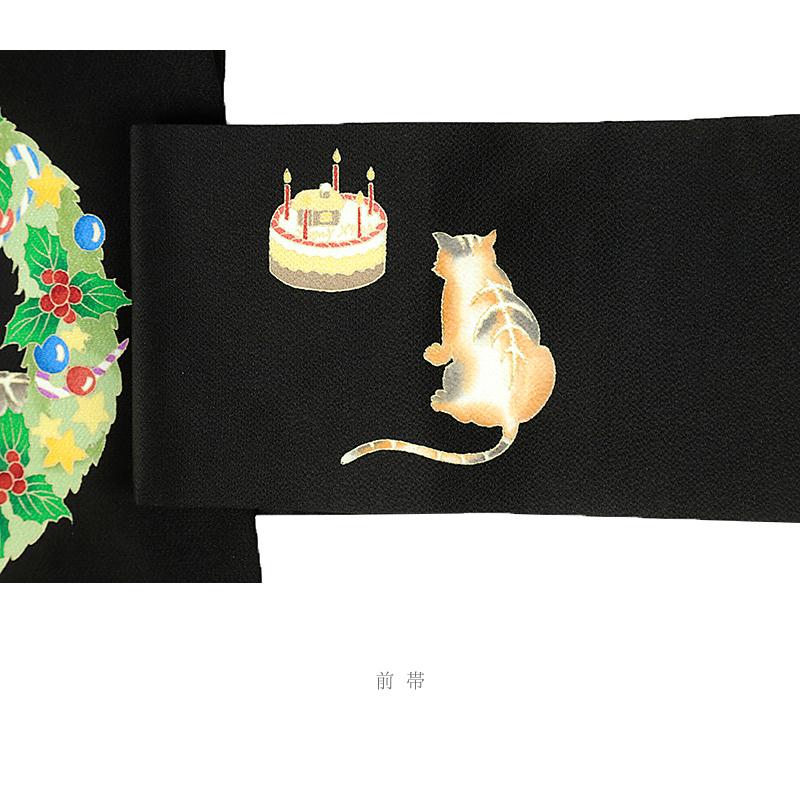 名古屋帯 十日町友禅 秀美 黒 クリスマス 猫 ネコ ねこ Xmas Christmas リース ツリー 九寸 反物 正絹 本加工友禅 九寸 新品 お No.6-1652の画像