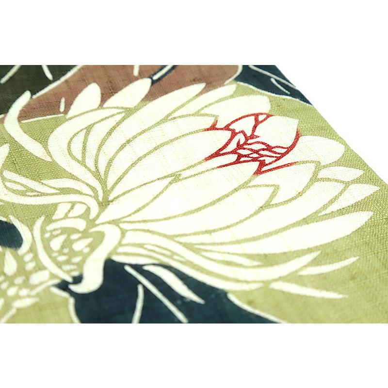 夏物 名古屋帯 九寸 栗山吉三郎 栗山紅型 和染紅型 紅型染 黄緑 緑 抹茶 白 赤 茶色 月下美人 麻 新品 お仕立て済み お洒落着 No.6-1656の画像