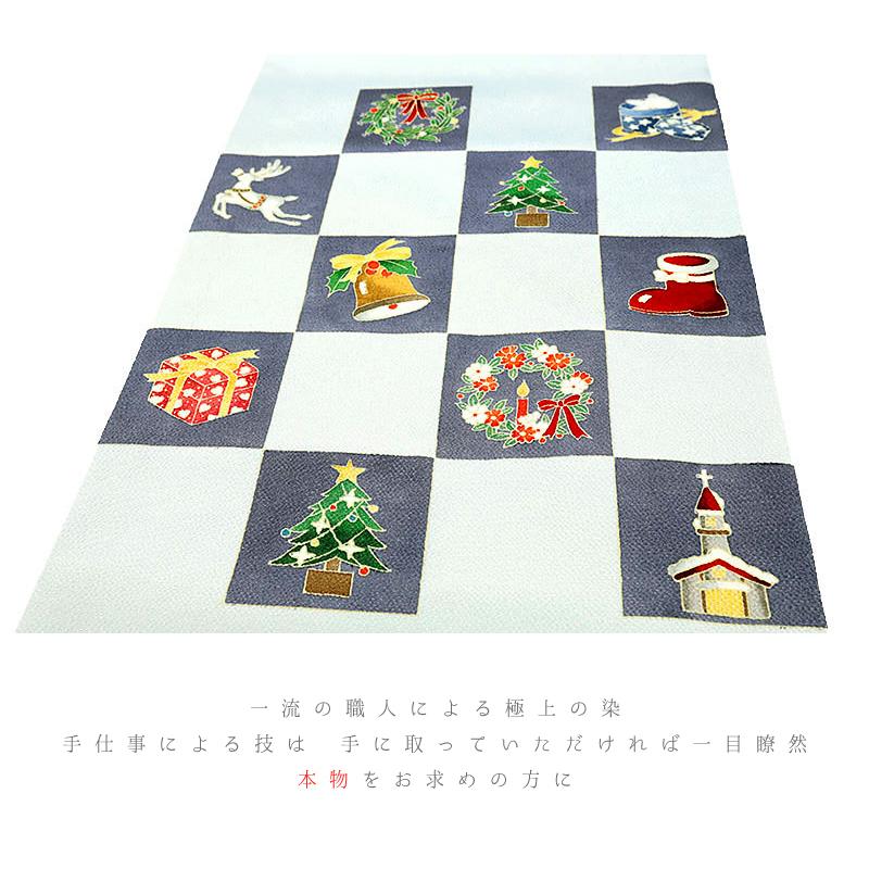 九寸名古屋帯 十日町友禅 秀美 正絹 薄 灰 藤 水色 赤 白 緑 クリスマス Xmas Christmas ベル ツリー プレゼント 本加工友禅 新 No.6-1670の画像
