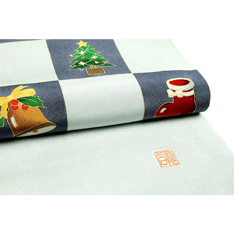 九寸名古屋帯 十日町友禅 秀美 正絹 薄 灰 藤 水色 赤 白 緑 クリスマス Xmas Christmas ベル ツリー プレゼント 本加工友禅 新 No.6-1670の画像