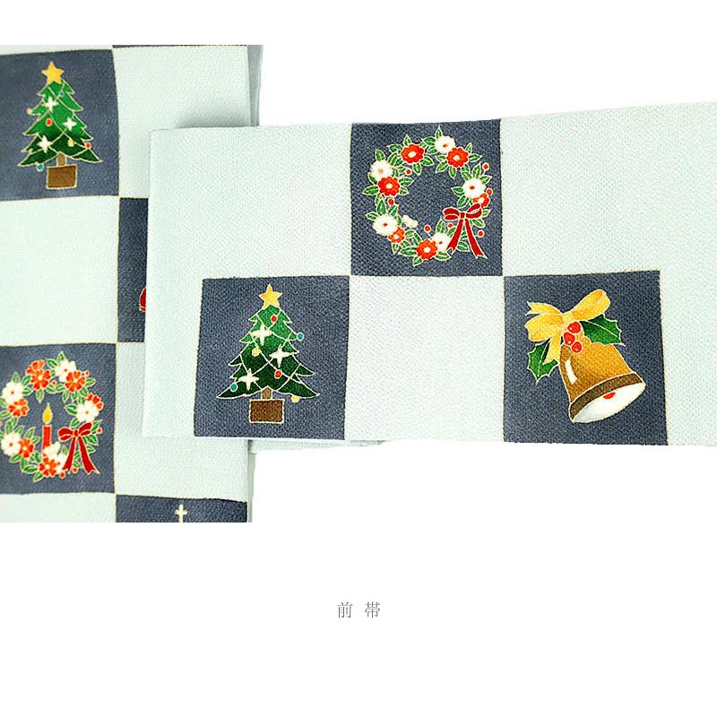 九寸名古屋帯 十日町友禅 秀美 正絹 薄 灰 藤 水色 赤 白 緑 クリスマス Xmas Christmas ベル ツリー プレゼント 本加工友禅 新 No.6-1670の画像