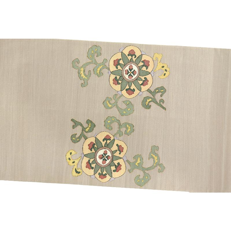 中古 袋帯 蘇州明綴れ 正絹 リサイクル グレージュ 灰色 華唐草 唐花