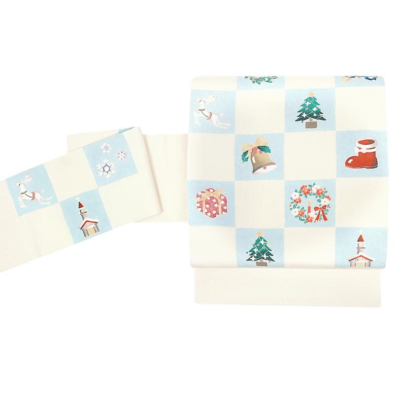 名古屋帯 十日町友禅 秀美 クリーム色 薄黄色 水色 クリスマス Xmas Christmas ベル ツリー プレゼント 市松 チェック 四角 冬 No.6-1735の画像