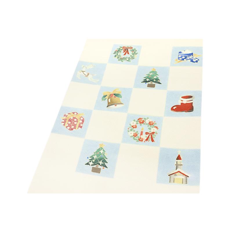 名古屋帯 十日町友禅 秀美 クリーム色 薄黄色 水色 クリスマス Xmas Christmas ベル ツリー プレゼント 市松 チェック 四角 冬 No.6-1735の画像