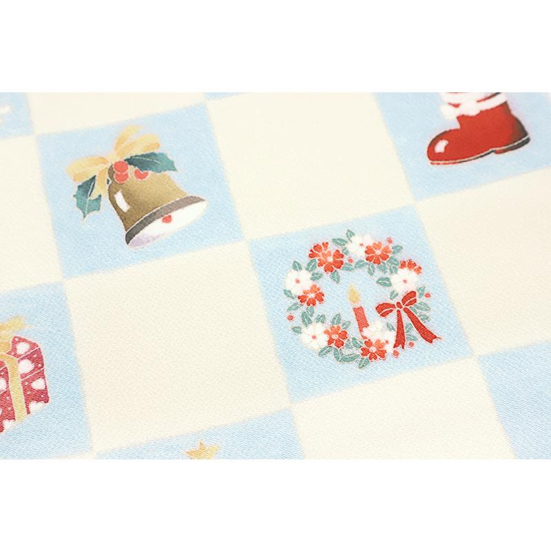 名古屋帯 十日町友禅 秀美 クリーム色 薄黄色 水色 クリスマス Xmas Christmas ベル ツリー プレゼント 市松 チェック 四角 冬 No.6-1735の画像