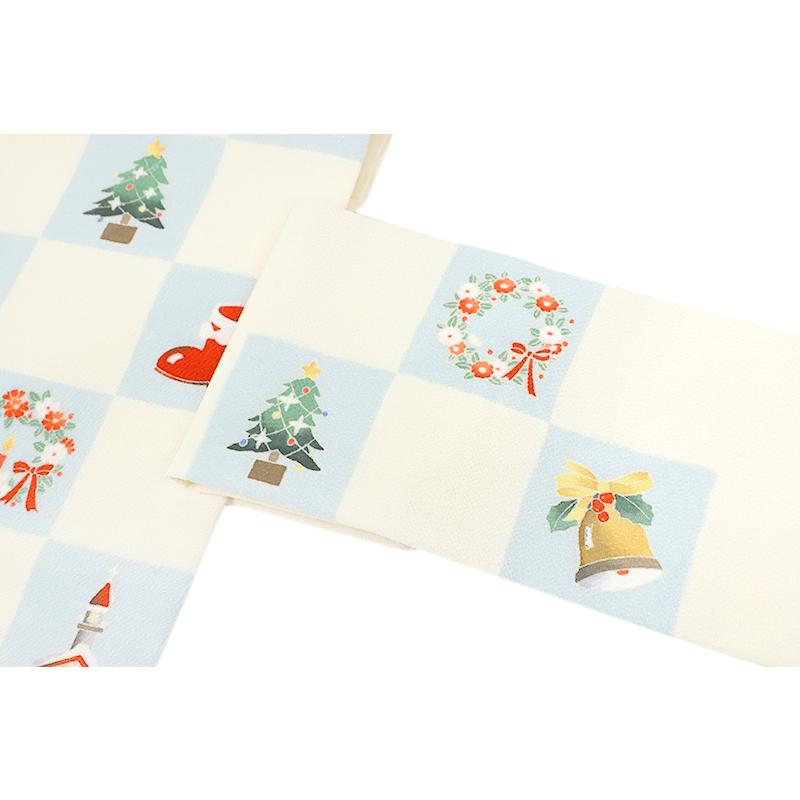 名古屋帯 十日町友禅 秀美 クリーム色 薄黄色 水色 クリスマス Xmas Christmas ベル ツリー プレゼント 市松 チェック 四角 冬 No.6-1735の画像