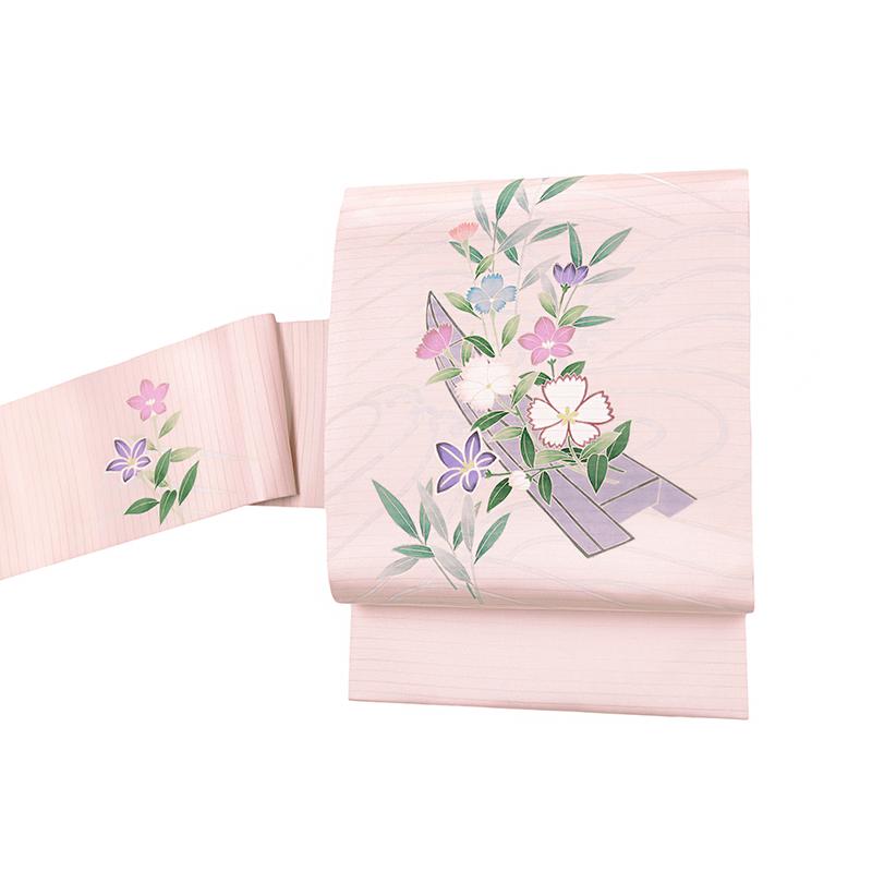 夏物 名古屋帯 九寸 夏帯 十日町友禅 塩瀬 秀美 絽 ピンク 撫子 桔梗 花船 正絹 本加工友禅 お洒落着 五泉 お洒落着 カジュアル No.6-1766の画像